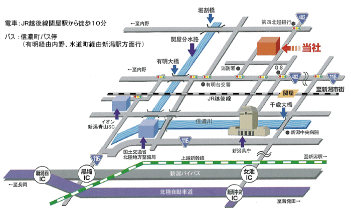 電車：JR越後線関屋駅から徒歩10分　バス ：信濃町バス停
